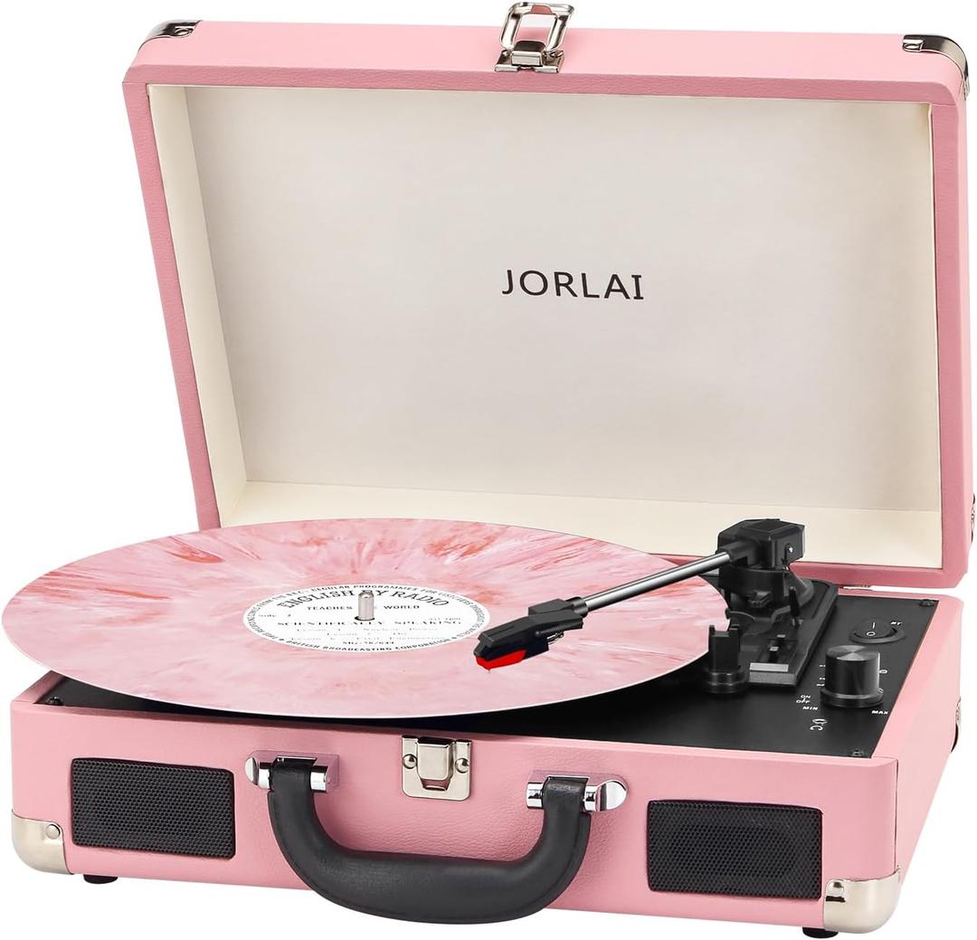 Vinyl Record Player 3 Speed Turntable with Bluetooth, Built in Battery, Portable Suitcase, Built in Speakers, 3.5mm Headphone Jack Aux in/RCA Out Pink for Home Decoration Gift