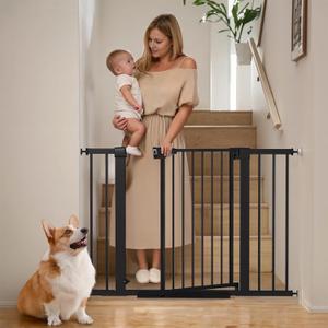 Mumeasy 29.6-46" Baby Gate for Stairs, Pressure Mounted Dog Gate for Doorways, Auto Close Pet Gate for Indoor Use, Extra Wide Child Gate with Walk Thru Door Black, Mom's Choice Awards Winner