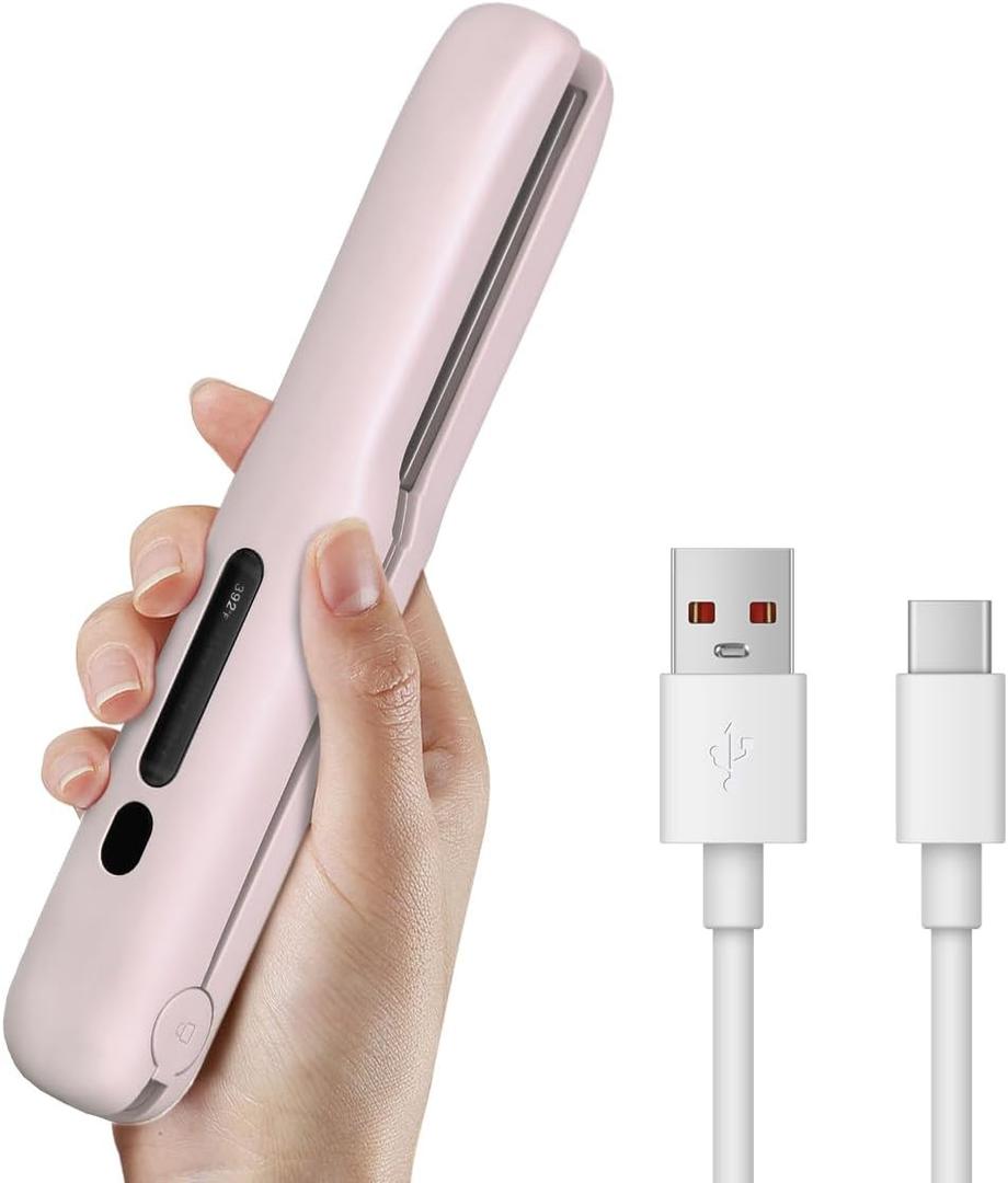 Gosect Cordless Hair Straightener, Mini Travel Flat Iron Rechargeable for Women, Portable Hair Straightener and Curler 2-in-1, Fast Heating, Adjustable Temp for On-The-Go Styling(Pink)