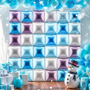 36 Pcs Winter Birthday Party Decorations Balloons Princess Snowflake Blue Purple Silver Brick Square Foil Balloon Wall Arch Kit Backdrop Double Sided Metallic Cartoon Party Supplies