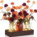 3 Pcs Fall Thanksgiving Mason Jar Centerpiece Table Decorations Thanksgiving Faux Kiku Flowers with Wood Tray and LED Light for Dining Room Kitchen Living Bathroom Table Decor