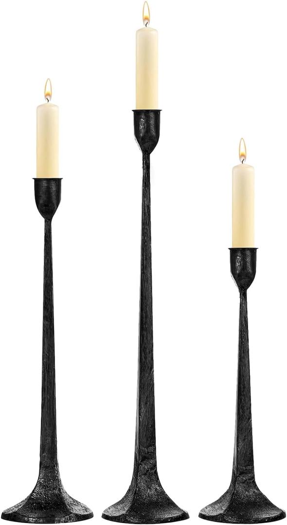 Iron Taper Candle Holder Set of 3 - Decorative Tall Candle Stand, Candlestick Holder for Wedding, Dining Table, Party Decoration (Black & Silver)