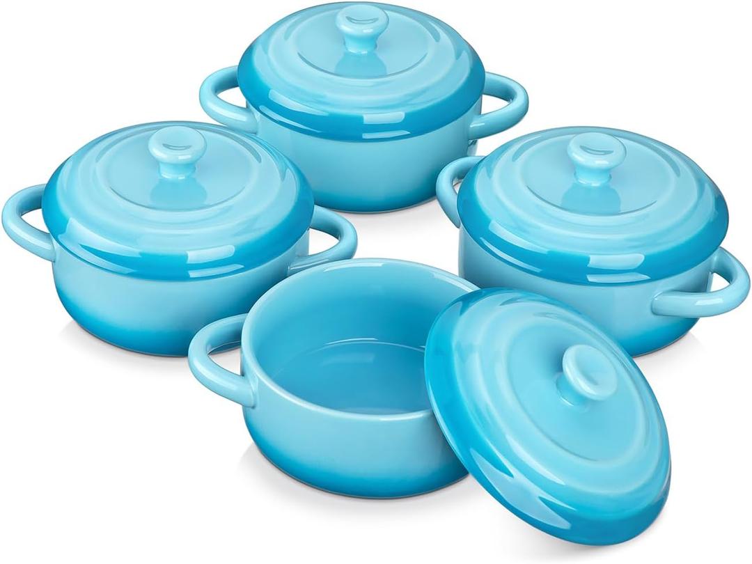 LOVECASA Mini Cocotte Set, 12 OZ Small Casserole Dishes with Lids, Soup Bowls With Handles, Individual Ramekins, Oven, Microwave & Dishwasher Safe, Set of 4, Blue