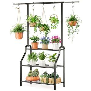 Lincordor Plant Stand Indoor Outdoor, 3-Tier Heavy Duty Metal Hanging Plant Shelf, 61'' Tall Large Plant Holder Rack for Multiple Big Pots, Flower Stand for Living Room, Garden, Balcony, Black
