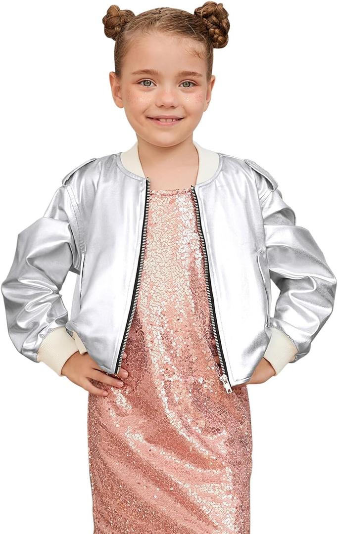 Perfashion Metallic Bomber Jacket for Girls Zip Up Cropped Jacket Sparkly Lightweight Coat Windbreaker with Pockets (12-13 Years, Silver-453)