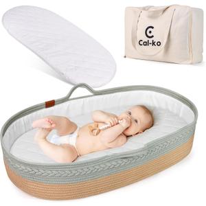 Moses Basket for Newborns  Baby Changing Basket with Waterproof Pad  Reinforced Mesh Sides  Includes Travel Case  Portable Diaper Basket for Dresser Top or Nursery Use (Cotton, Teal)