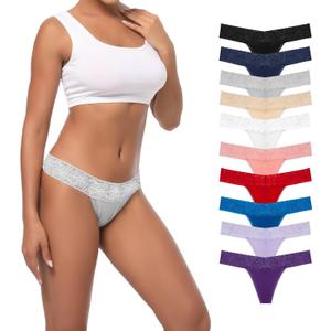 Pack 10 Seamless Lace Thongs for Women Plus Size Breathable Panties Low Rise T-back Stretch Cotton No Show Underwear (M)