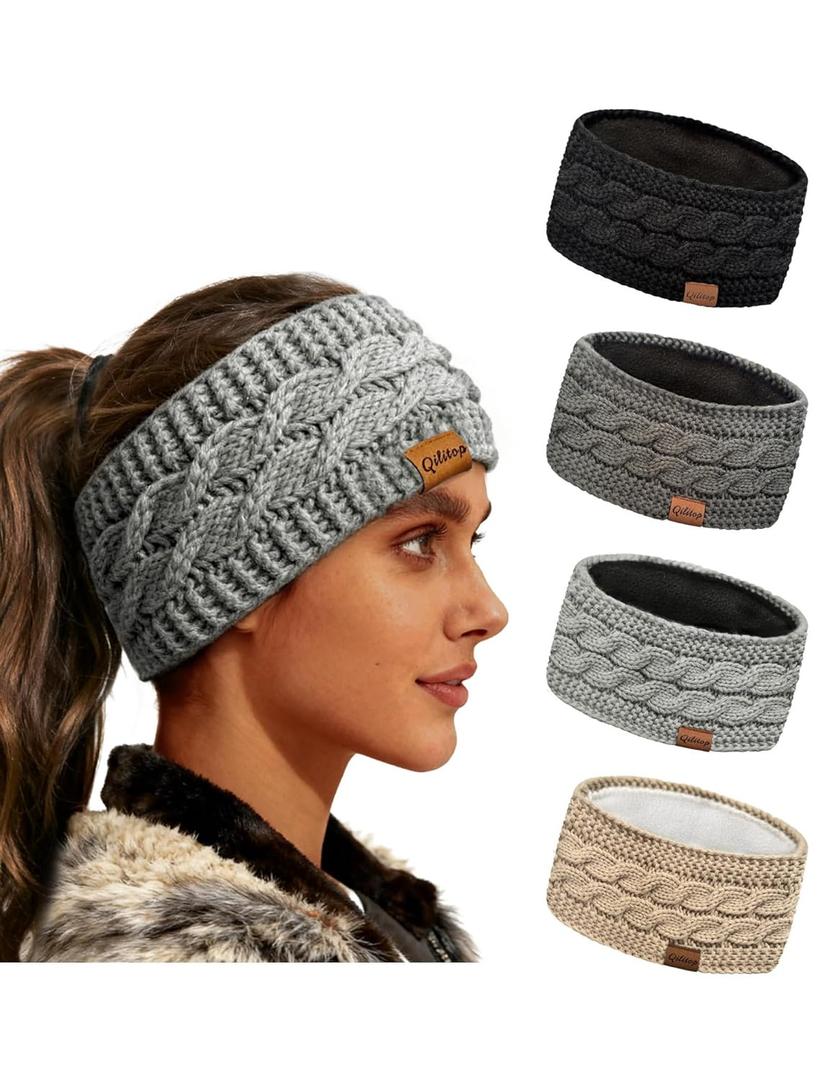 3-Pack Women's Winter Headbands Fuzzy Fleece Lined Cable Knit Ear Warmer Thick Warm Crochet Head Wrap Gifts Stocking Stuffers Criss-Cross Pattern Cold Weather (Black, Deep Grey, Light Grey)