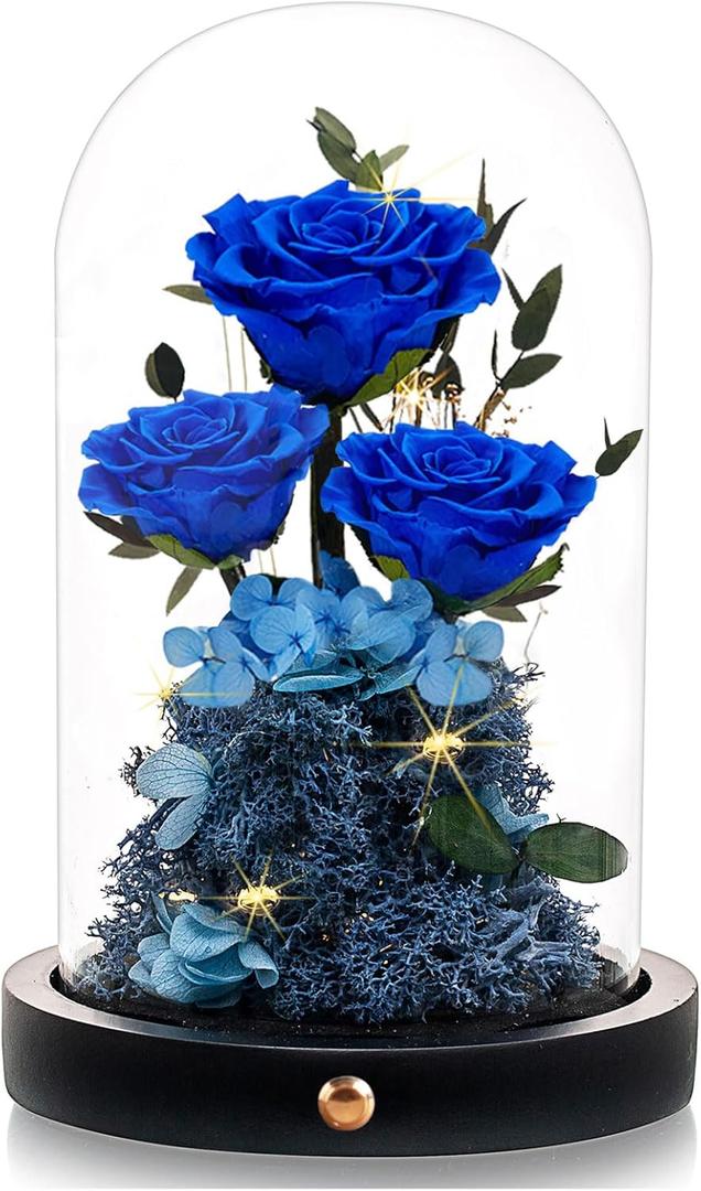 Valentines Day Flowers Roses Gifts for Women Her,Forever Preserved Rose in Glass Dome, Valentines Anniversary Birthday Real Roses Gifts for Wife Women Girlfriend Best Friend/Blue
