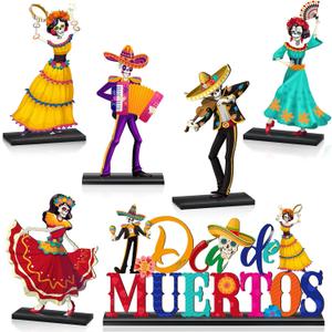 Barydat 6 Pieces Day of The Dead Table Decorations Dia De Los Muertos Decor Wooden Sugar Skull Couple Desk Centerpieces for Halloween Mexican Fiesta Carnival Party Decoration Supplies