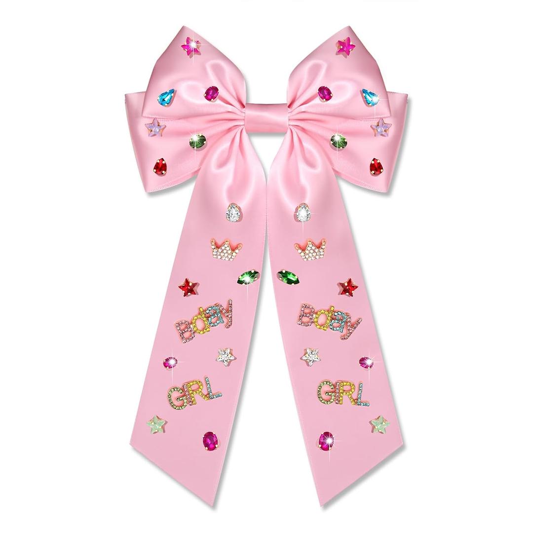 9 x Birthday Hair Bows for Women Crown Birthday Girl Hair Bow Clips Crystal Pearl Star Jeweled Big Hair Bows Pink Bow Satin Hair Ribbons Hair Accessories Gifts Party Favors (Pattern B2)