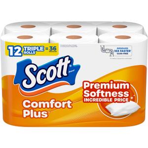 Scott ComfortPlus Toilet Paper, 12 Triple Rolls, 231 Sheets per Roll, Septic-Safe, 1-Ply Toilet Tissue (Packaging May Vary)