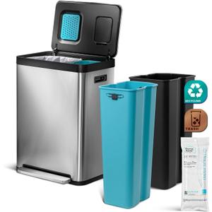 Home Zone Living 19 Gallon Kitchen Trash Can with Dual Compartments for Recycling, CleanAura Odor Control, Stainless Steel, Silver, 70 Liters Total