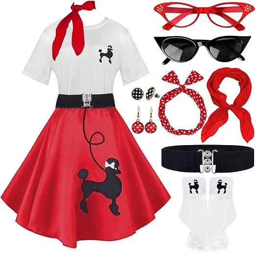 10Pcs Sock Hop Outfits Costume Women, 1950s Poodle Skirts, Poodle T-Shirt with 50s Accessories Set Scarf Headband Belt Socks Eyeglasses Earrings Red XL