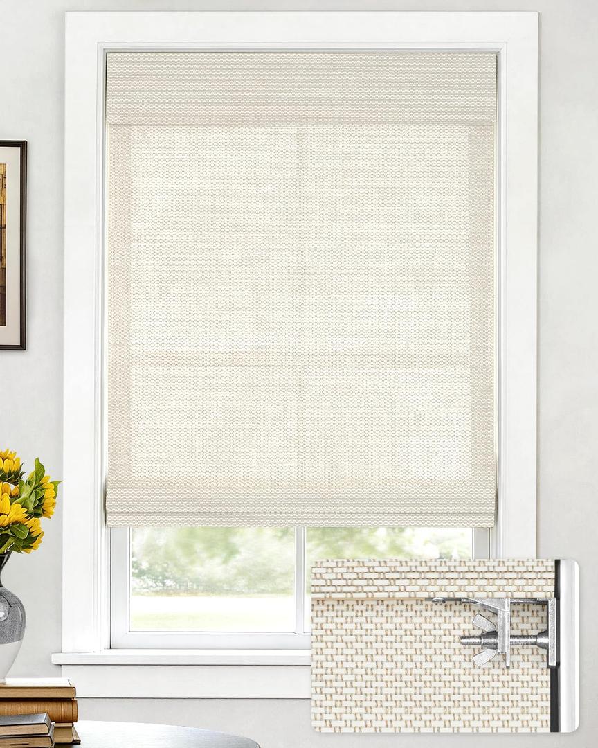 LazBlinds No Drill Bamboo Roman Shades, 29" W x 64" H, Star-Off White