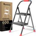 Step Ladder Foldable Folding Stool - for Home Adults Kitchen 2 Stepping Extension Tall Heavy Duty with Handrails - Closet Stepstool Stair Ladders Extendable Stepladder for Indoor House 600Lbs, Red, 2 Step