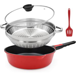 12-Inch Non Stick Deep Frying Pan Skillet with Steamer, 5 QT Nonstick Saute Pan with Lid & Detachable Handle, Induction Cooking Pan, Compatible with All Cooktops, Oven Safe, PFOA Free, Red