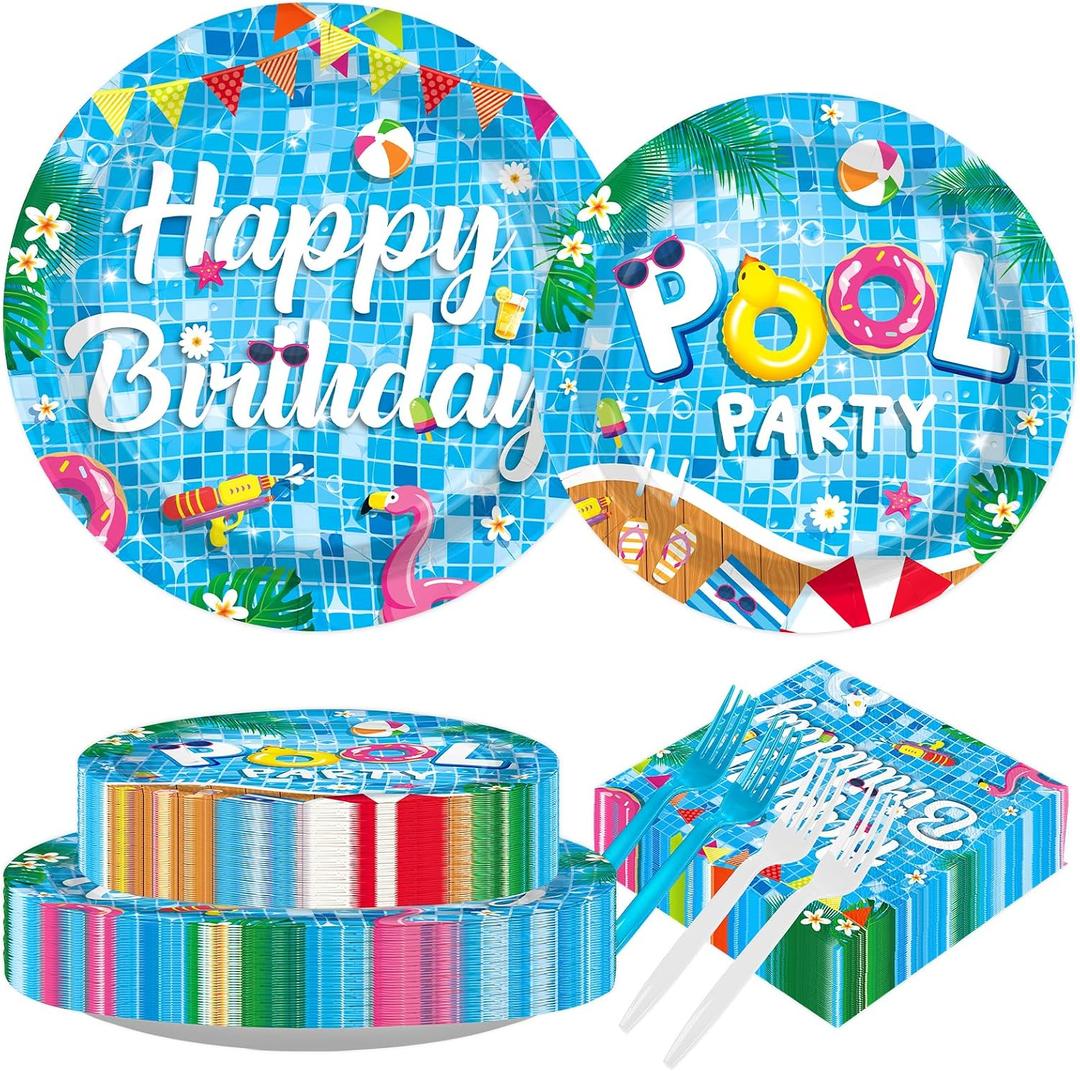 200Pcs Pool Party Supplies Happy Birthday Plates and Napkins Swimming Pool Themed Tableware Set for Summer Beach Themed Hawaii Birthday Baby Shower Party Supplies, Serves 50 "