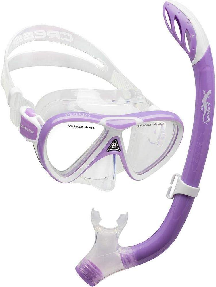 Cressi Snorkeling Silicone Set (Mask & Snorkel) for Kids ages 5 to 15 years old - Pegaso & Iguana: designed in Italy (Lilac/White)