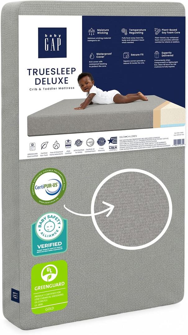 GAP babyGap TrueSleep 2-Stage Deluxe Crib and Toddler Mattress - Waterproof - GREENGUARD Gold Certified – Temperature Regulating – Moisture Wicking