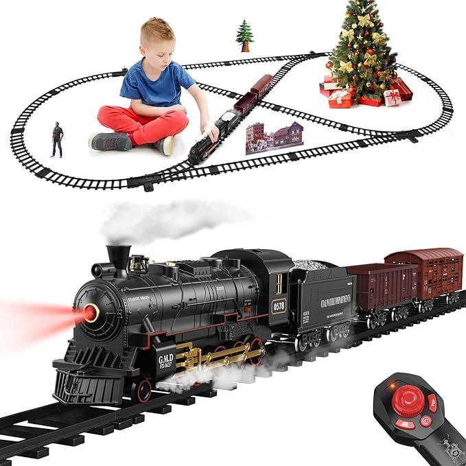 Train Set for Kids Remote Control Steam Locomotive Retro Train, with Railroad Carriages Long Tracks, BatteryPowered Model Train RC Toy Gift for Boys & Girls Ages 38