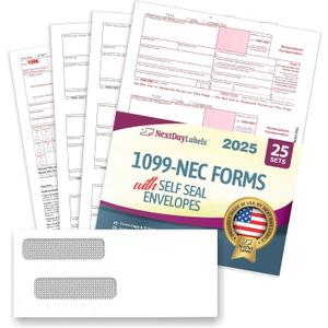 NextDayLabels 1099-NEC Forms for 2025, 4-Part Tax Forms, Kit of 25 Laser Forms, 3 1096 and 25 Self-Seal Envelopes, Designed for QuickBooks and Other Accounting Software