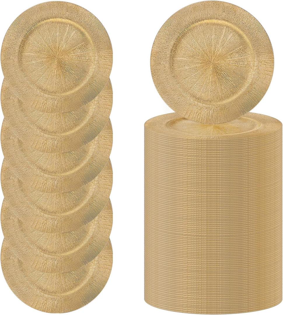 MAONAME 100 Pcs Charger Plates Bulk, 13 Inch Round Table Charger for Dinner Plates, Plastic Plate Chargers for Table Setting, Wedding, Party (Glitter Gold)