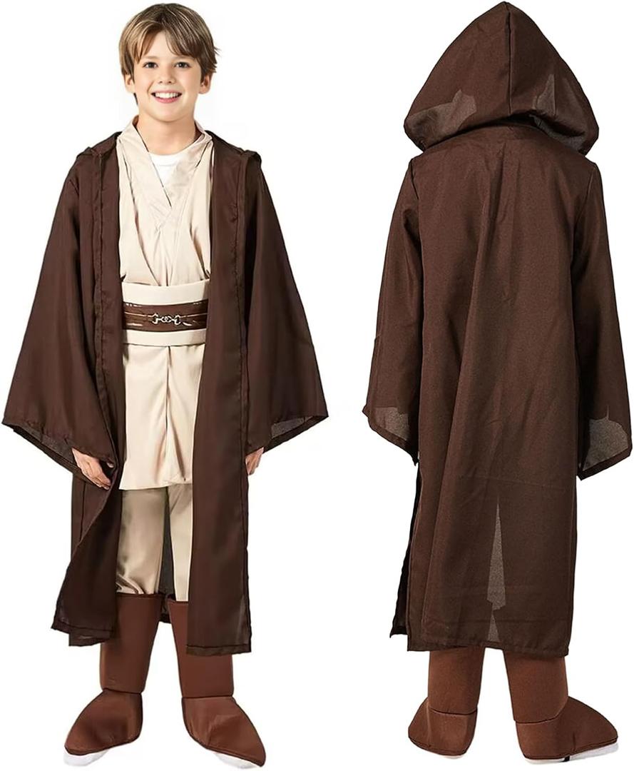CHAOS MONKEY Boys Knight Costume Kids Halloween Cosplay Tunic Hooded Cape Sci-fi Film Classic Robe Outfit (Large, Brown)