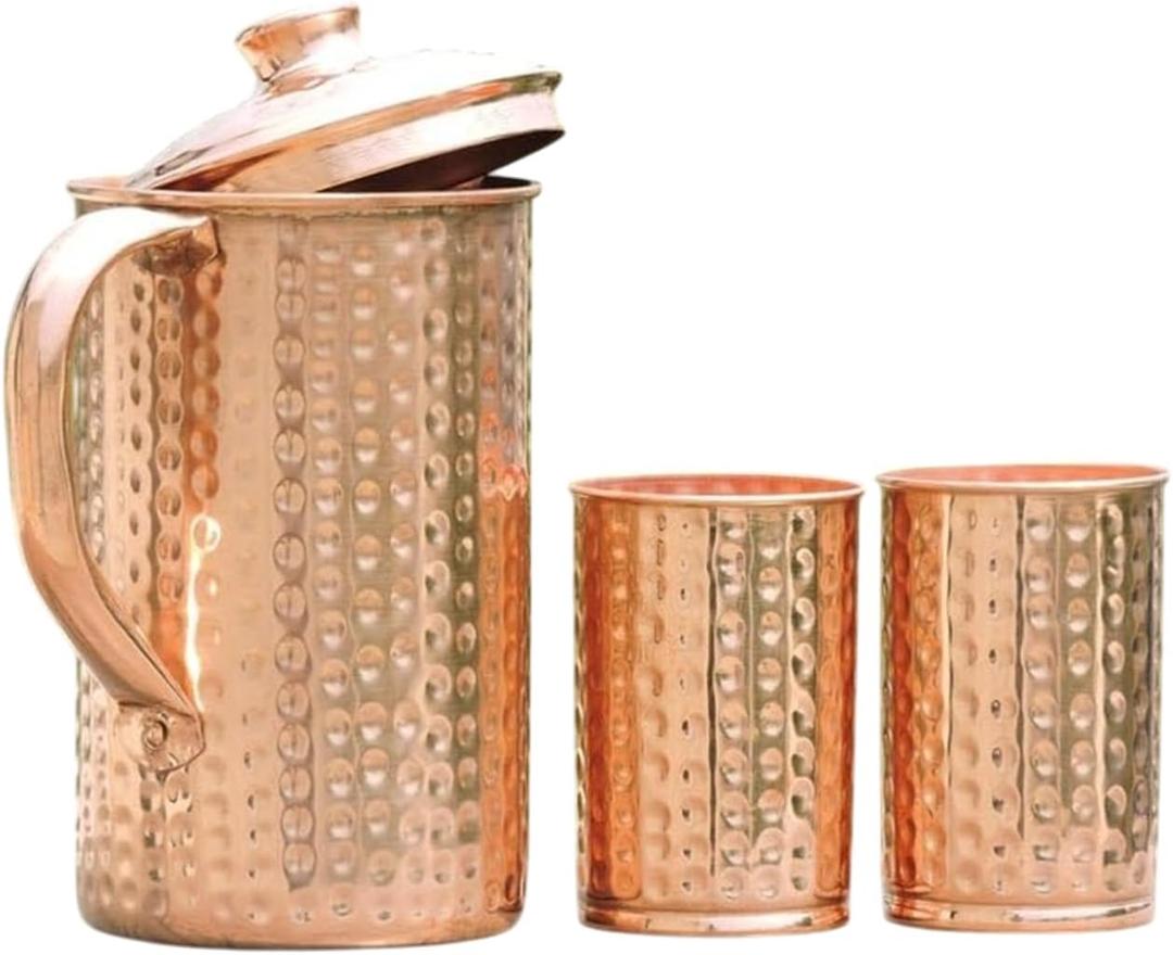 100% Pure Copper Pitcher 50.72 Oz / 1500 ml With 2 Tumblers | Drinking Water Hammered Pitcher With Glasses | Copper Jug Set With Lid & Cups | Handle Water Bottle | Ayurveda Health Benefits