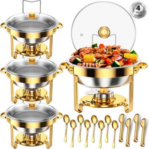 Round Chafing Dishes for Buffet 5 Qt,High Grade Chafing Dish Buffet Set, Full Size Pan,Rolled-Edge Design Food Warmers for Parties,Buffet,Wedding,Birthday,Camping 4 PACK (Gold-Glass)