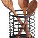 Utensil holder for Kitchen Counter - 5.2" x 5.2" x 6" Large Round Utensils Holder with Wooden Base Matte Black Cooking Utensil HolderKitchen countertop Utensil Organizer (Metal)