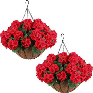 Hananona 2 Set Artificial Outdoor Geraniums Flowers with Hanging Basket, 2 Hanging Planters with 12 Pcs Red Geranium Flowers for Christmas Front Porch Garden Patio Home Decor (2, Red)
