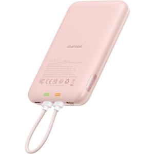 Charmast 10000mAh Wired Portable Charger, 20W Fast Charging Slim Power Bank with Removable Cable for iPhone & Android, Hand-Free Battery Pack with Digital Display for Short Travel (No-Wireless) (Pink)