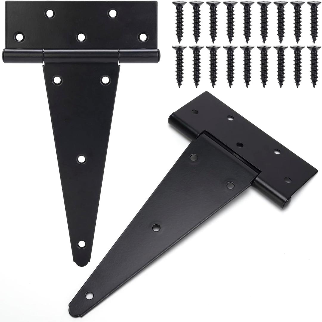 10 Inch T-Strap Gate Hinges, Shed Barn Door Hinges Heavy Duty, Black Tee Hinges for Wooden Fences, Yard Gate, Wrought Hardware Iron Rustproof (2 Pack/Set)