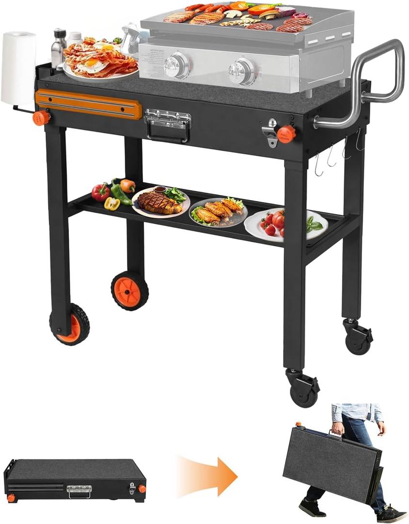 Portable Outdoor Grill Table, Blackstone Grill Stand Solid and Sturdy 31"W x 17"D, Movable Kitchen Cooking Prep BBQ Cart with Wheels, Folding Cart for Ninja, Blackstone Griddle 17"/22" etc