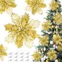 36 Pcs Christmas Glitter Poinsettia Flowers Artificial Flower Ornaments Fake Flower Christmas Tree Decorations Glitzy Poinsettia with Clips for DIY Xmas Wreaths Holiday Home Party Decor (Gold) (3.1"+3.9"+5.9")
