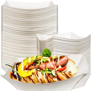 MotBach 100 Pack 3lb Kraft Paper Food Trays, Waterproof Heavy-Duty Paper Food Boats Disposable Serving Baskets Trays for Fries Sandwiches Burgers Hot Dogs Taco Popcorn Christmas Wedding (White)