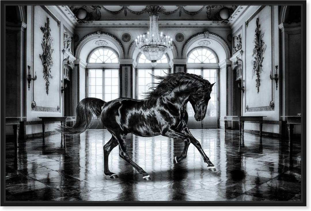Country Farmhouse Canvas Print Painting Animal Wall Art 'Elegant Black Ballroom Horse' Black Framed Canvas Rustic Home Décor 45x30 in Black, Gray by Oliver Gal