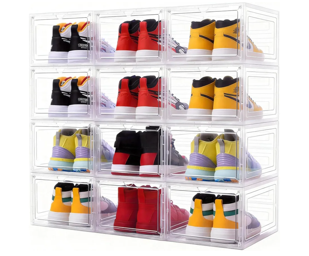 Large Clear Shoe Storage Boxes Stackable, 12 Pack Hard Plastic Shoe Storage Organizer with Magnetic Door, Shoe Container Sneaker Storage Display Case Fit up to US Size 12 Clear