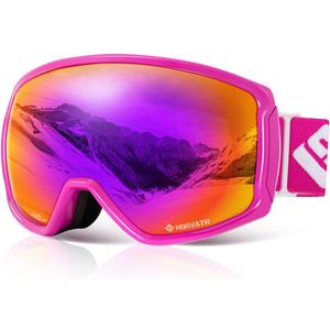 Ski Snowboard OTG Goggles, HD Mirrored Anti-Fog Goggle for Men Women (Vlt 16% / Rose Red Lens(frame))
