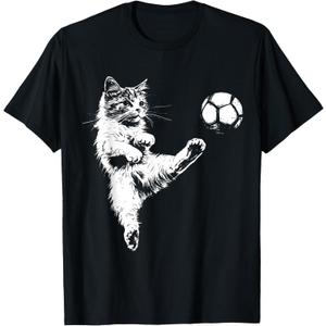 Funny Cat Soccer Ball Graphic T-Shirt (Small, Black)