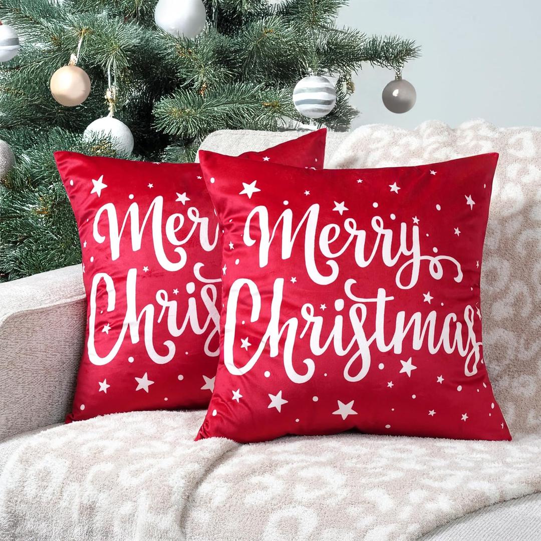 PAVILIA Holiday Throw Pillow Covers 18x18 Set of 2, Decorative Pillow Cases Bed Sofa Couch, Winter Accent Decor Cushion Bedroom Living Room, Velvet Square Euro Sham Covers, Merry Christmas Text Red
