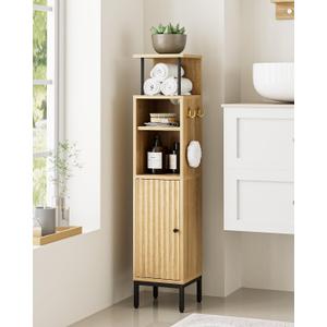 Bathroom Storage Cabinet,Small Corner Floor Cabinet with 2 Hook,Narrow Tall Toilet Paper Cabinet with Adjustable Shelves,Bathroom Organizer for Living Room,Small Spaces (Wave, Oak-37''H)