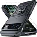 Janmitta Case Compatible with Google Pixel 10/10 Pro Built in Slide Camera Lens Cover+Screen Protector+Finger Ring Holder Kickstand,Heavy Duty Shockproof Full Body Protective Phone Cover,Black