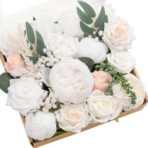Ling's moment Fake Flowers Box, Faux Artificial Greenery Stems Foam Roses Silk Peonies Willow Fabic Flower for Centerpieces Bouquet Wedding Vase Floral Decorations, White & Blush, Grand Combo