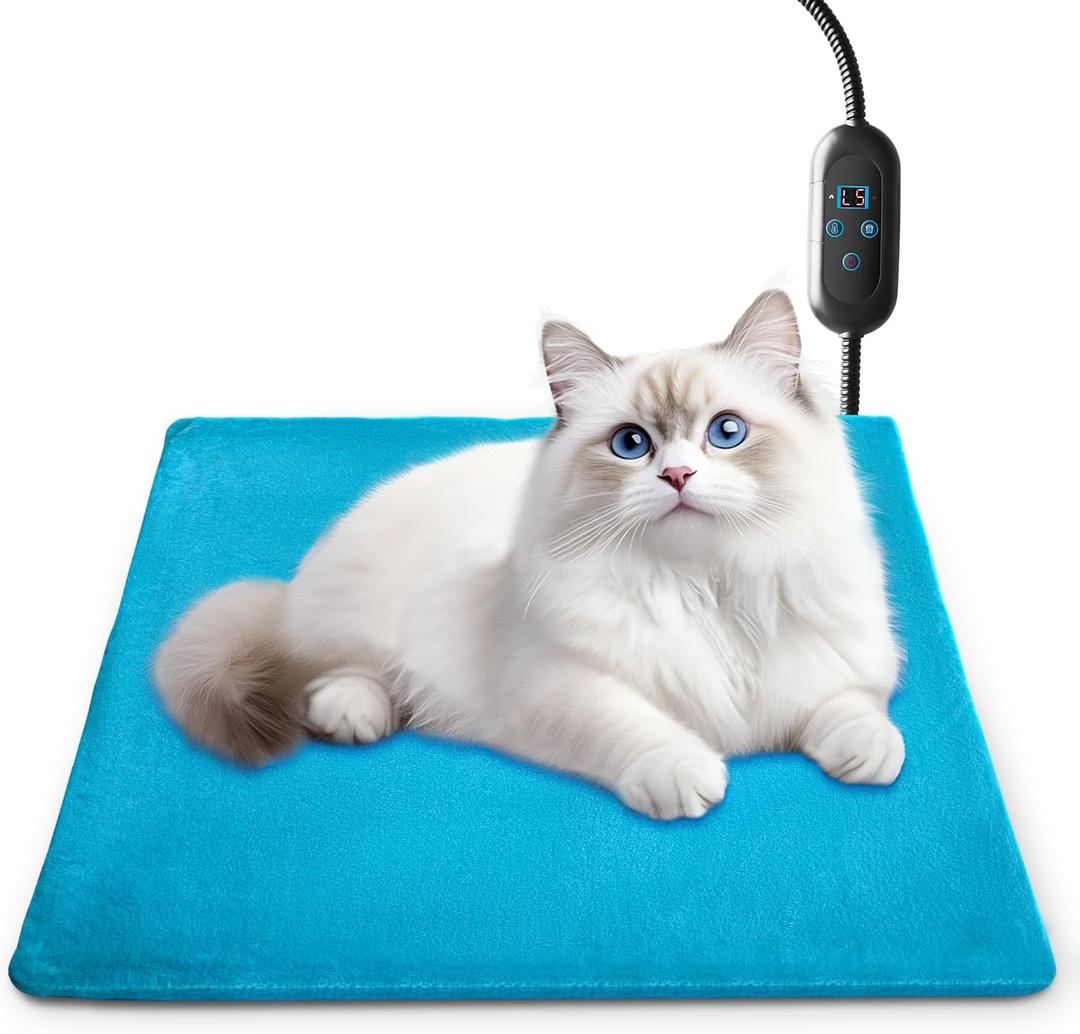 Pet Heating Pad with 6 Adjustable Temperature Settings, Heated Cat Mat with Built-In Smart Thermostat, Chew-Resistant Cord, Removable & Washable Plush Cover, Waterproof Material, 17.7 x 17.7 In (Small)