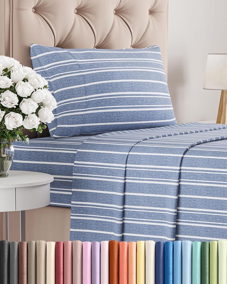 Twin Size 3 Piece Sheet Set - Comfy Breathable & Cooling Bed Sheets Set - Hotel Luxury Bedding for Women, Men, Kids, Teens, Boys & Girls - Deep Pockets, Soft, Wrinkle Free - Oeko-Tex - Blue Stripes 3