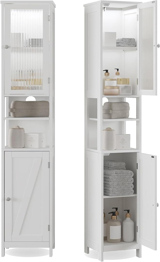 ChooChoo Tall Bathroom Storage Cabinet with Light, 5-Tier Narrow Bathroom Cabinet with 2 Doors, Slim Storage Linen Cabinet Freestanding with Adjustable Shelves for Space Saving, White, 11.8 inches x 11.8 inches x 66.53 inches