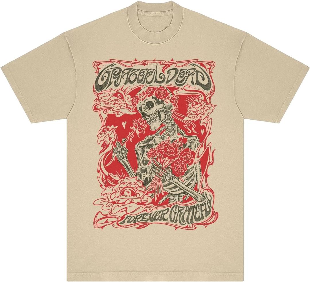 Grateful Dead Unisex-Adult Standard Rose Skeleton Forever T-Shirt (Sand) X-Large