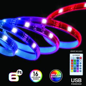 6ft Multicolor LED Strip, Customizable with Remote, 16 Color and 4 Modes, Ideal for Device Backlighting, USB-Powered from Items/Wall Adapter, Peel and Stick Installation